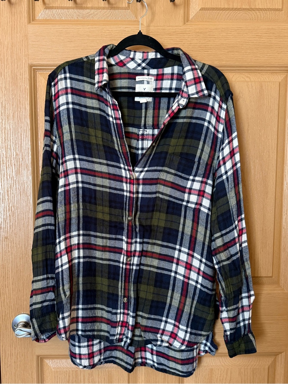 American Eagle Outfitters Navy, Olive & Red Plaid Boyfriend Shirt